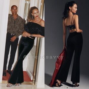 ANTHROPOLOGIE High Rise Velvet Flare Pants Black Side Zip Trouser Size 12 NWT